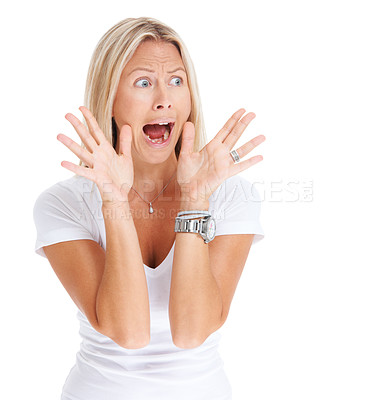 Buy stock photo Woman, shocked or scream in studio phobia or scared, omg news emoji or terror. Female model person, horror face or shout danger for anxiety scary announcement or wtf surprise, pain reaction or hands
