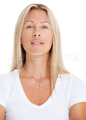 Buy stock photo Woman, portrait and studio confident natural beauty casual fashion, tshirt or feminine energy. Female model person, face  or pride calm work self care health, self-esteem or inner strength mind think