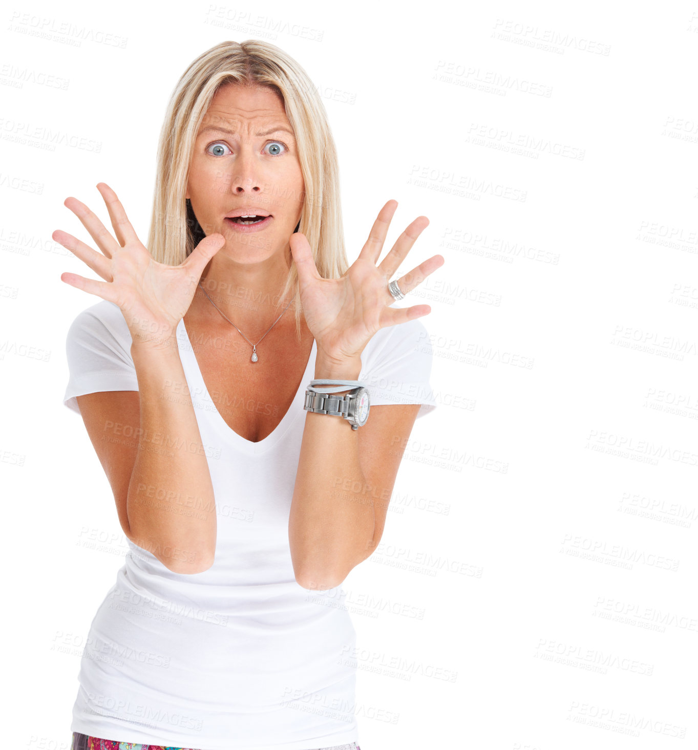 Buy stock photo Woman, shocked or scared studio alarm or stress, omg news emoji or terror. Female model person, horror face or shout danger for anxiety scary announcement or wtf surprise, pain reaction or fear risk
