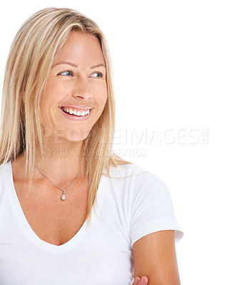 Buy stock photo Woman, smile and looking side in studio for natural beauty happiness, t-shirt or care free. Female model person, funny happy face or white background relax confident, casual energy or personality