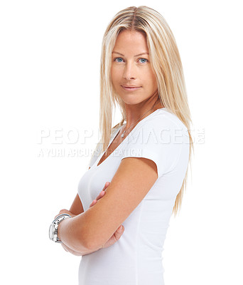 Buy stock photo Woman, portrait and pose for beauty confident emoji wellness or skincare, natural health glow in t-shirt. Female model person, face and casual fashion outfit trend for good mood, shopping or designer