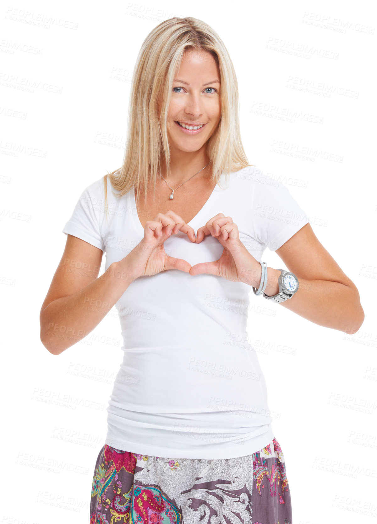 Buy stock photo Woman, heart and finger portrait studio happiness self love, body health or natural beauty. Female model person, smile and emoji hand care symbol in studio white background, t-shirt and positive mood