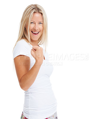 Buy stock photo Studio shot of a woman expressing triumph against a white background