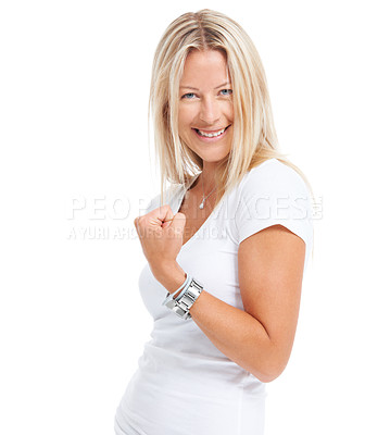 Buy stock photo Woman, fist or hand portrait with a smile in studio for yes, motivation and support. Face of happy female person isolated on a white background to celebrate win, goal or success and bonus achievement