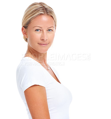 Buy stock photo Studio portrait of an attractive woman posing against a white background