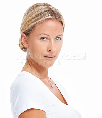 Buy stock photo Woman in portrait, face and natural beauty isolated on white background, skin glow and plain t-shirt in studio. Cosmetic care, dermatology and female model with casual fashion and mockup space