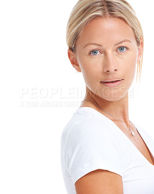 Buy stock photo Woman in portrait, skin and natural beauty isolated on white background, face glow and plain t-shirt in studio. Cosmetic care, dermatology and female model with casual fashion and mockup space