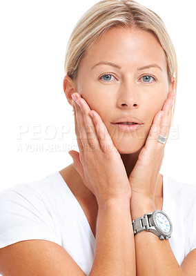 Buy stock photo Woman in portrait, hands on face and natural beauty isolated on white background, skin glow and facial in studio. Cosmetic care, dermatology and young female model with skincare and wellness