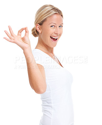 Buy stock photo Excited woman, hand sign and ok portrait in studio for happiness, agreement and support. Face of a happy female model isolated on a white background to show hands, icon or emoji for review or opinion