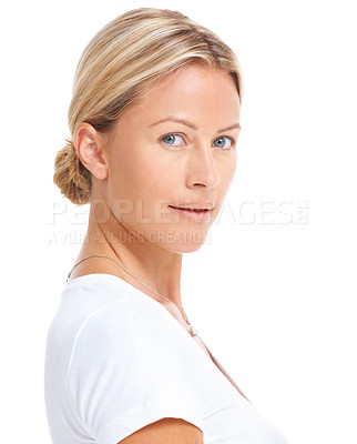 Buy stock photo Woman in portrait, confident with natural beauty and isolated on white background, skin and plain t-shirt in studio. Cosmetic care, dermatology and female model face, casual fashion and mockup space