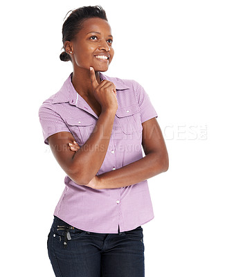 Buy stock photo Woman, thinking finger or smile in studio for marketing choice mockup, idea or presentation. Black female, decision or white background for advertising product consider, question or brainstorming