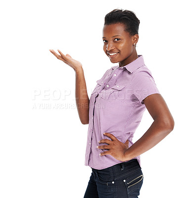 Buy stock photo Woman, palm and present portrait studio for marketing mockup, advertising retail or presentation. African female, smile face or hand on white background for sales promotion, offer or branding space