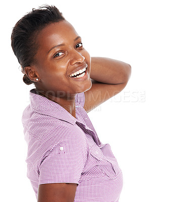 Buy stock photo Woman, smile and pose in studio confidence as portrait for clean glow skin, beauty or promotion. African female, model face and good mood for happiness relax or advertising product, space or sale