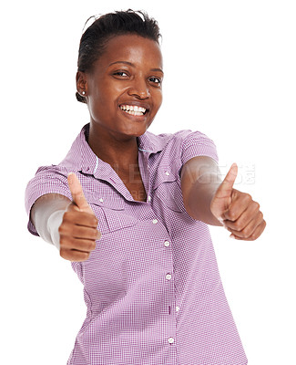 Buy stock photo Woman, thumbs up and portrait smile in studio for advertising product or thank you marketing, happiness or review. African female, portrait or emoji yes hand agreement for branding, winner or vote ok