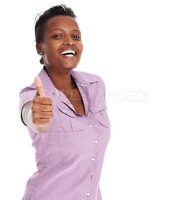 Buy stock photo Woman, thumbs up or smile portrait studio for marketing promotion review, thank you or product sale. African female, face or ok hand for mockup space yes agreement review, approval or feedback emoji