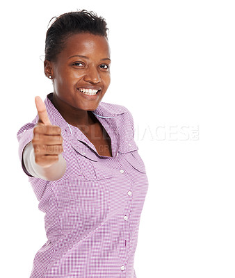 Buy stock photo Woman, thumbs up or smile portrait in studio for marketing yes, agreement or review of product. African female, face or achievement emoji for celebration happy mockup white background, ok or feedback