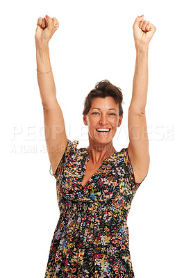 Buy stock photo Woman, arms up or portrait winning in studio for happy celebration cheer, congratulations or achievement. Female model person, happy smile or yes emoji energy face or results, approval or goal review