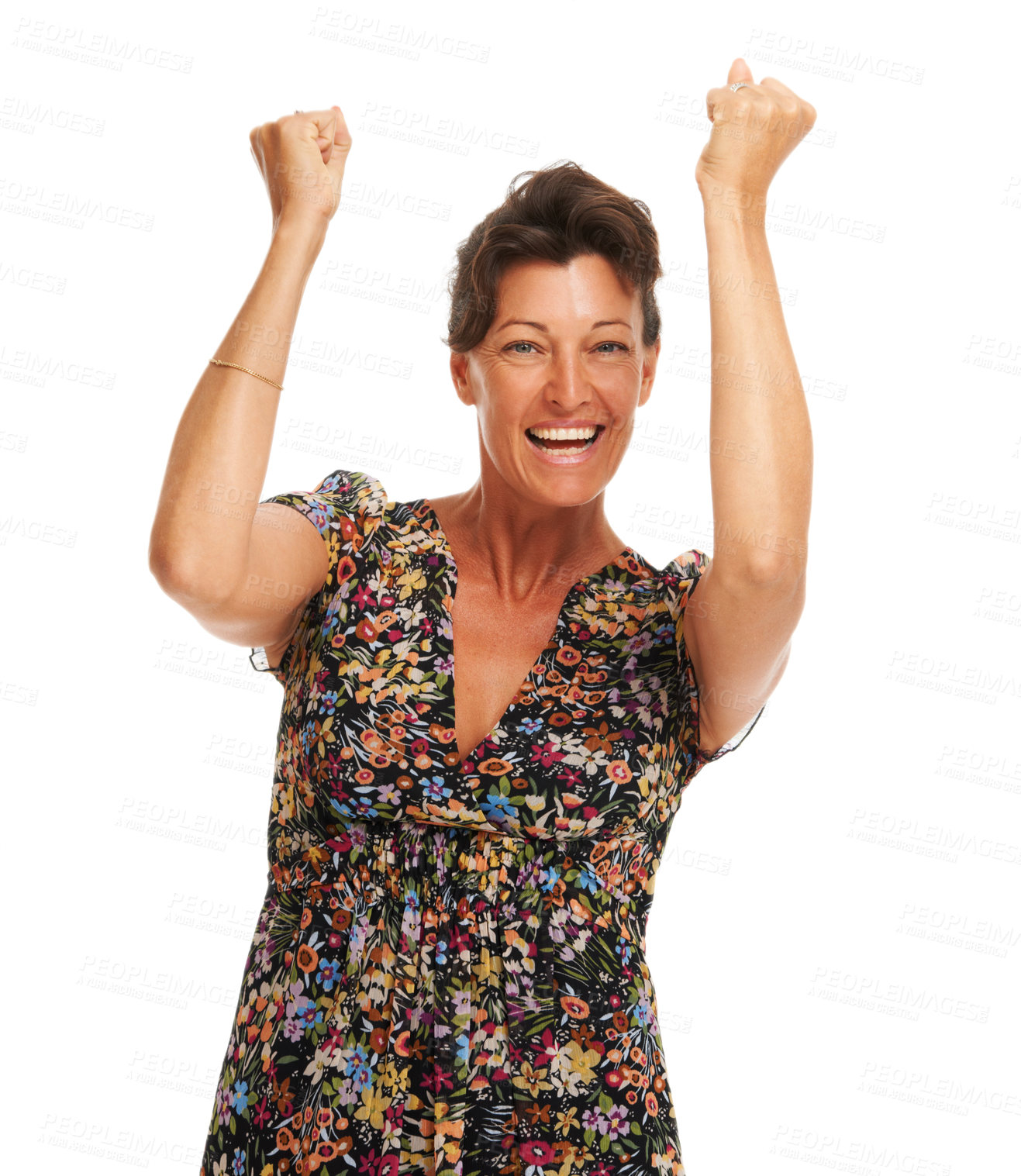 Buy stock photo Woman, arms up or portrait cheer winning studio happy celebration cheer, congratulations or achievement. Female model person, happy smile or yes fist emoji energy face, results or goal review deal