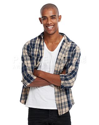 Buy stock photo Portrait, fashion and bald with a black man arms crossed in studio standing on a white background in casual clothes. Face, happy and smile with a handsome young male posing in contemporary clothing