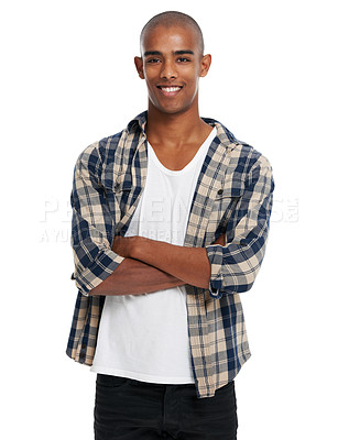 Buy stock photo Happy black man, portrait and arms crossed on studio background with confidence, happiness or smile from Atlanta. Guy, model and cool attitude on white background with clothes, style or handsome face