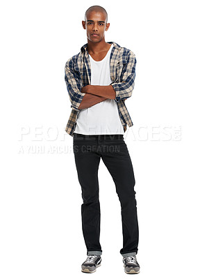 Buy stock photo Young black man, studio portrait and arms crossed with confidence, attitude and style from Atlanta. Cool guy, fashion model and white background with confident style, clothes and handsome face