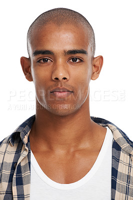 Buy stock photo Natural, handsome and portrait of a man in a studio with clean, glowing and healthy skin. Confident, attractive and face of bald young male model from Puerto Rico while isolated by a white background