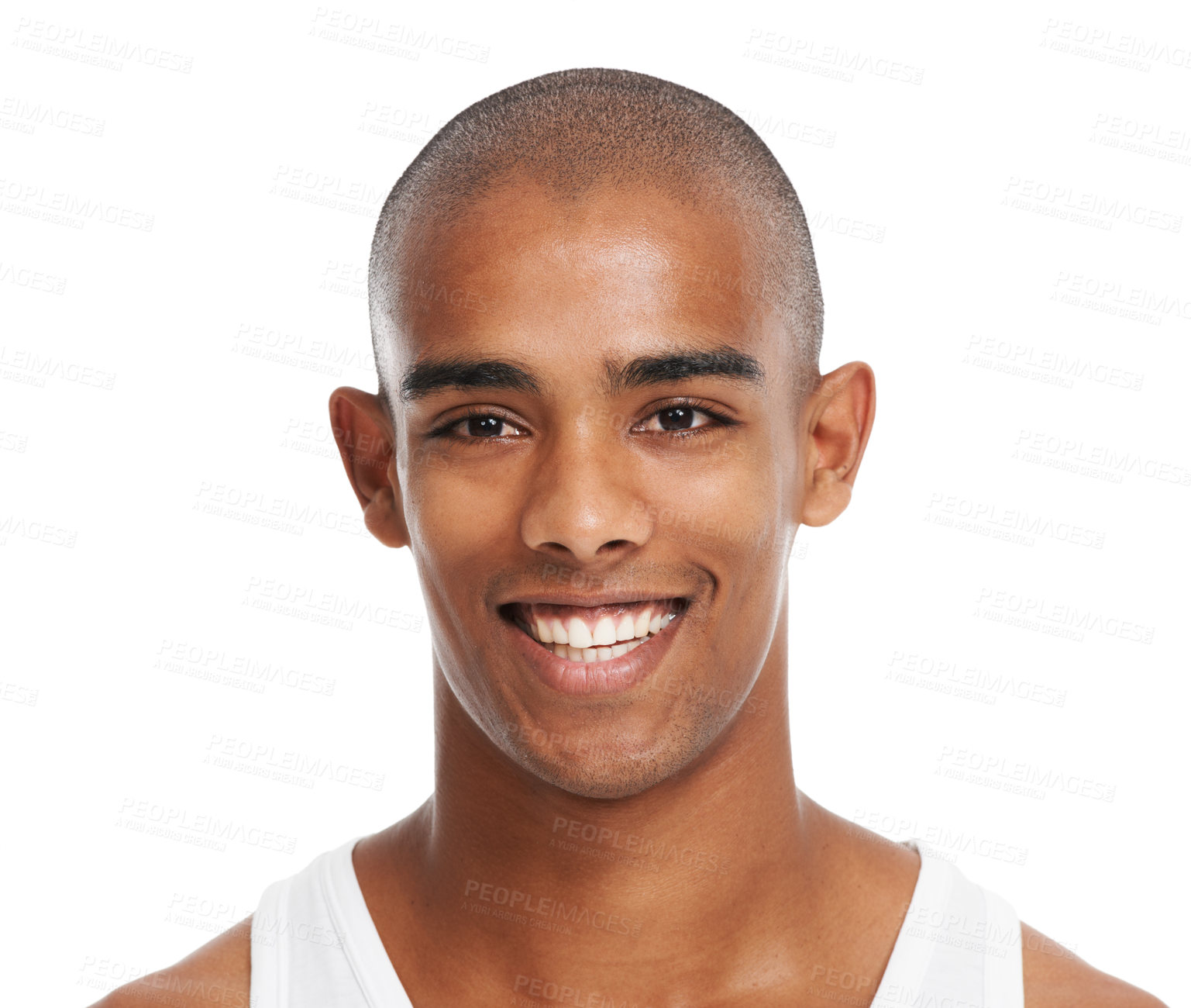 Buy stock photo Black man, happy and studio for face health, cosmetic wellness and beauty by white background. Young model, smile and man with glow facial skin, aesthetic and healthy self care cosmetics by backdrop