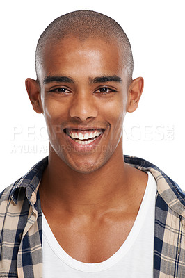 Buy stock photo Happy, black man and face portrait of a model smile with happiness and calm natural beauty. Young man, casual and healthy dental care of a laughing african student feeling positive, cool and friendly