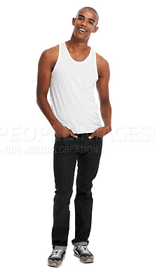 Buy stock photo Fashion, stylish and portrait of black man with a smile for clothing, confidence and happiness. Happy, cool and an African clothes model with confident body language in Germany on a white background