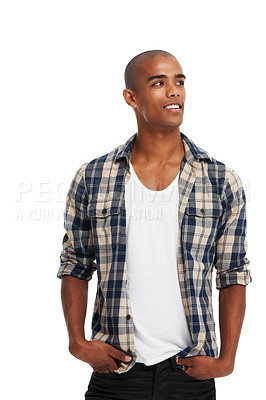 Buy stock photo Happy young black man, studio and thinking of ideas, planning and goals. Cool guy, model and daydream for solution, opportunity and question on white background with mindset, decision and inspiration