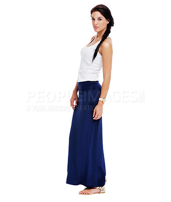 Buy stock photo Woman, full body and studio portrait pose fashion skirt or shopping discount, mockup space or retail discount. Female model person, face or confident style t-shirt isolated background, trendy or sale