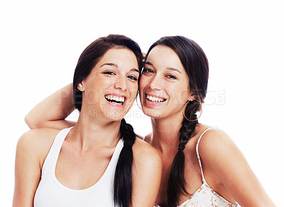 Buy stock photo Women, sisters and portrait studio smile for sibling love, family bonding or happy connection. Female model person, face and t-shirt laugh quality time together friendship for mockup, hug or relax