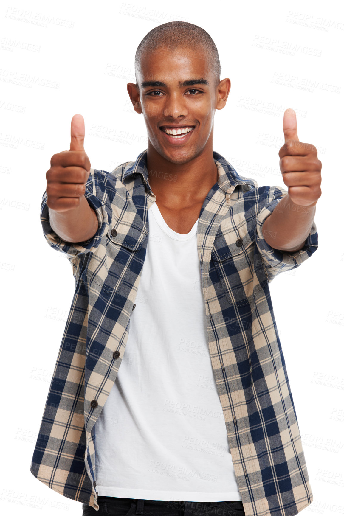 Buy stock photo Young african man, success and thumbs up portrait of yes, achievement and winner hands sign. Thank you, happiness and ok agreement satisfaction hand gesture of a black man with motivation from goal