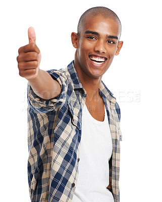 Buy stock photo Thumbs up, black man and happy portrait of a young model with yes, success and winner hand sign. Smile, happiness and agreement satisfaction hands gesture of a person excited about complete goal