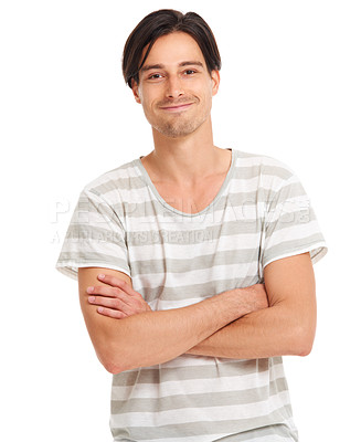 Buy stock photo Man, confident and portrait in studio fashion for style, happy or designer t-shirt. Male model person, face smile and pose for casual clothes outfit or care free attitude, white background in Canada