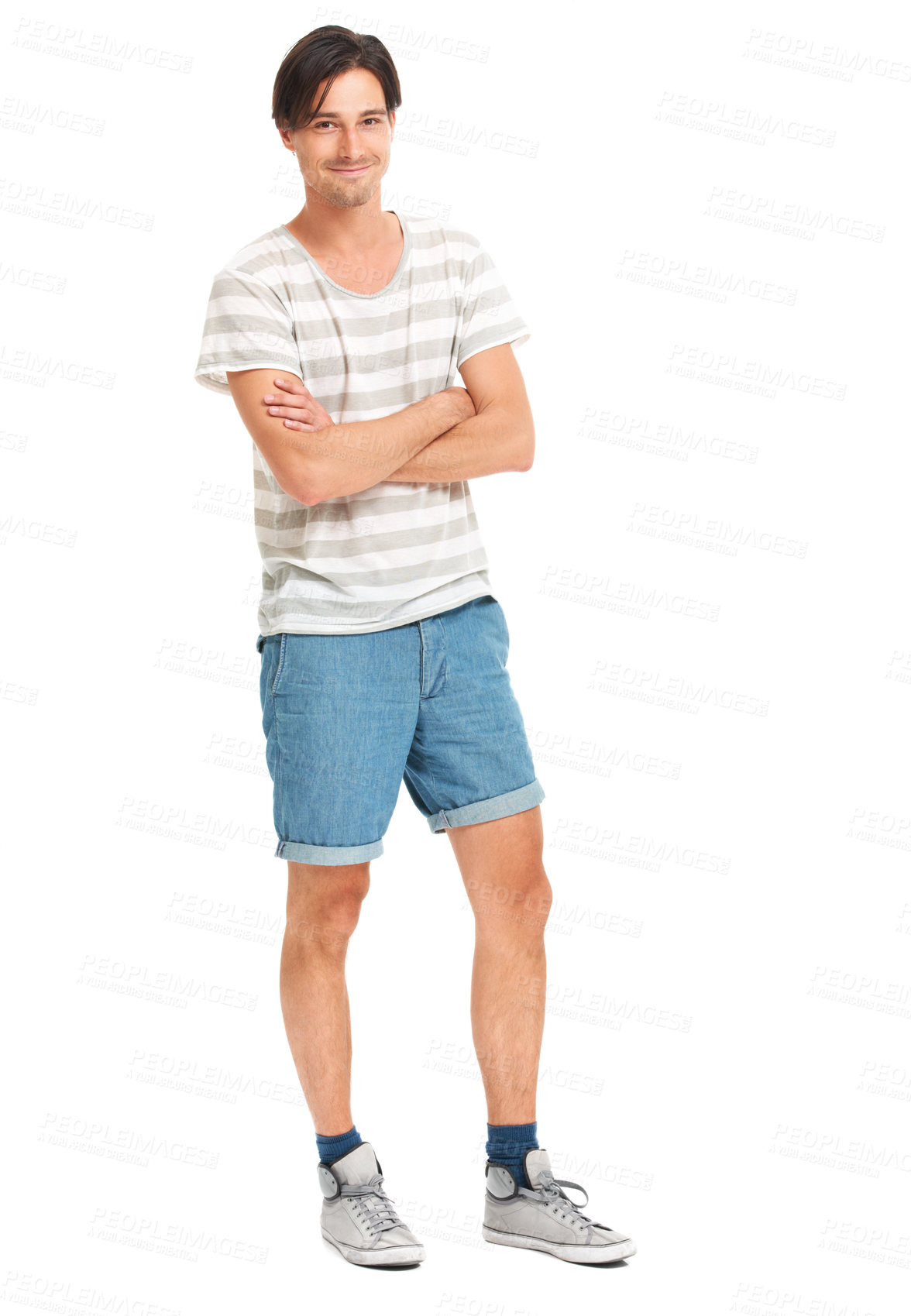 Buy stock photo Happy man, portrait and casual style with arms folded in relaxed pose, fashion aesthetic and white background in studio. Young model, male and confident with positive attitude for summer and mockup