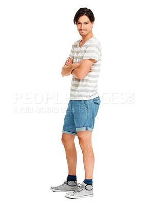 Buy stock photo Happy man, portrait and fashion with arms folded in relaxed pose, casual aesthetic and white background in studio. Young model, male and smile with positive face, edgy style and confident in mockup
