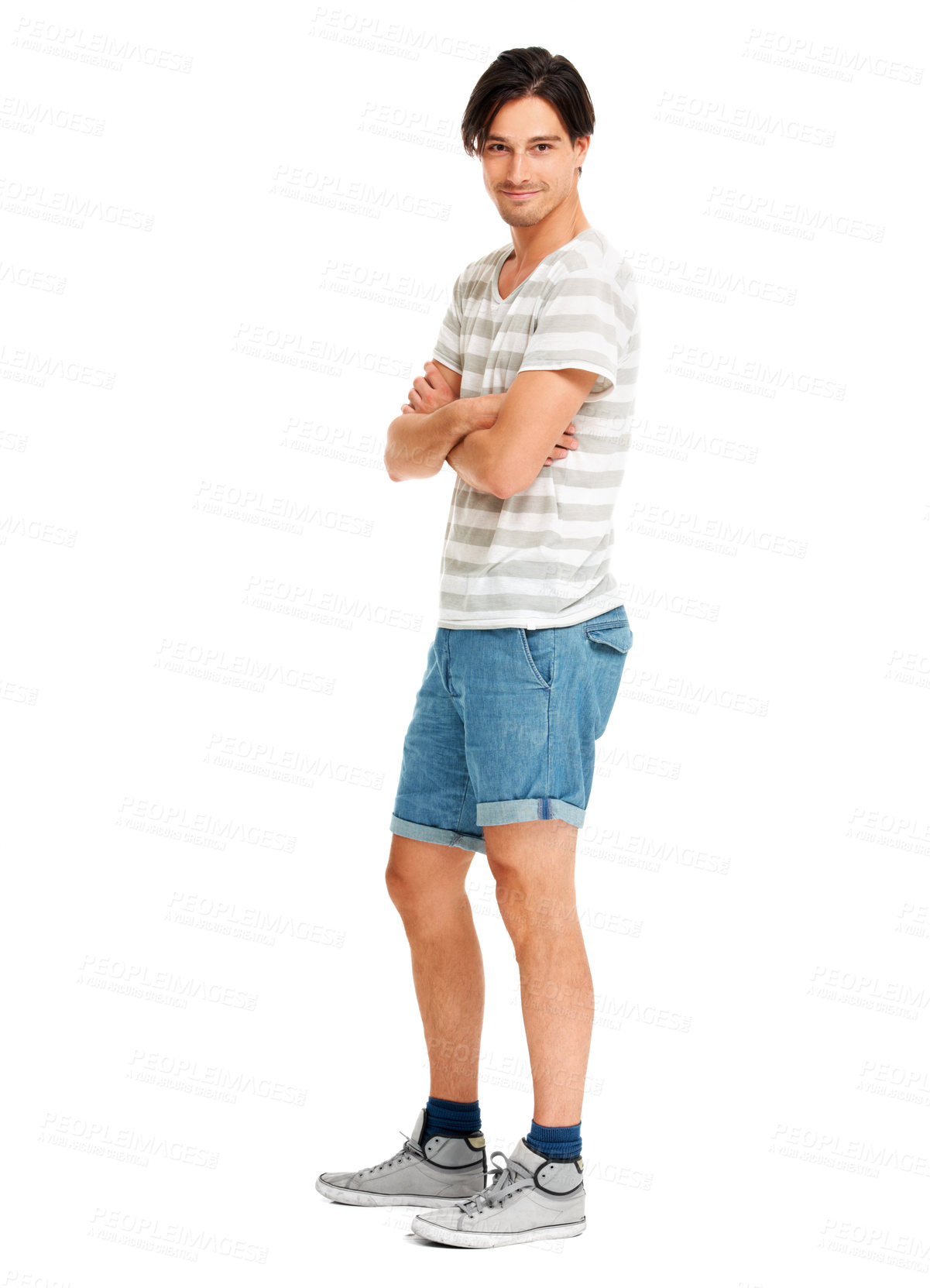 Buy stock photo Happy man, portrait and fashion with arms folded in relaxed pose, casual aesthetic and white background in studio. Young model, male and smile with positive face, edgy style and confident in mockup