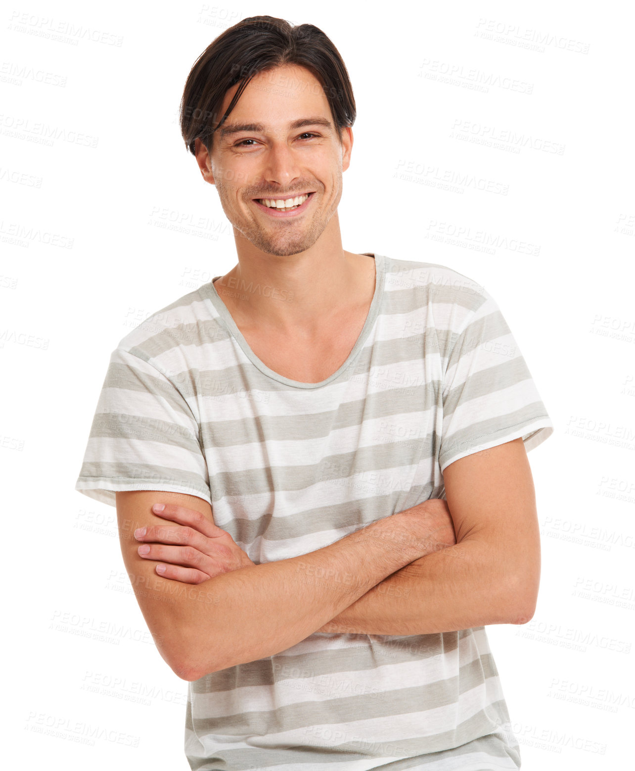 Buy stock photo Man, smile and studio or fashion portrait for style, casual look or cool clothes. Male model person, face and white background for confident energy, good mood or outfit for summer happiness as mockup