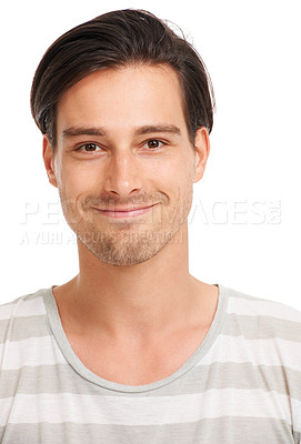 Buy stock photo Happy, smile and face with portrait of man in studio for casual, trendy and cool. Happiness, young and confidant with Switzerland model isolated on white background for confident, youth and style