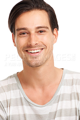 Buy stock photo Closeup of a laughing young man in a striped t-shirt, isolated on white - copyspace