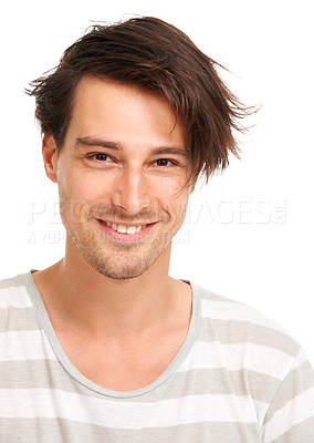 Buy stock photo Happy, smile and portrait of man in studio for casual, trendy and cool fashion. Happiness, edgy and confidant with face of male model isolated on white background for geek, youth and positive style