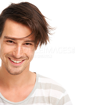 Buy stock photo Mockup, smile and portrait of man in studio for casual, trendy and cool fashion. Happiness, edgy and confidant with face of male model isolated on white background for geek, youth and positive style