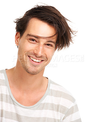 Buy stock photo Happy, messy hair and portrait of man in studio for casual, trendy and cool fashion. Happiness, edgy and confidant with face of male model isolated on white background for geek, youth and style