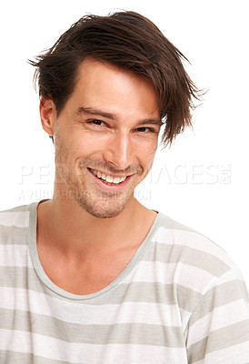 Buy stock photo Sweet smiling young man with messed up hair, isolated on white - copyspace