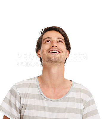 Buy stock photo Man, happy and fashion mockup with looking up or sign, casual aesthetic and white background in studio. Handsome model, male and smile in excited for announcement, discount and wow for deal or news