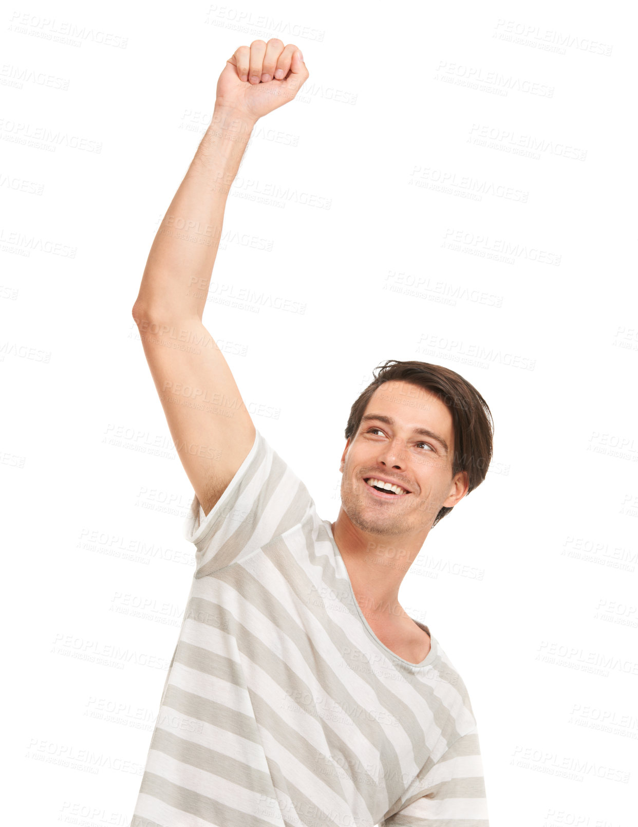 Buy stock photo Happy man, studio and hand up for celebration in competition, winning and smile on white background. Positive person, cheer and success with casual aesthetic for omg, good news or achievement of deal