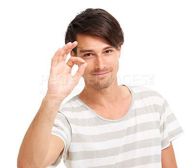Buy stock photo Man, okay sign and portrait smile for fashion or style, casual clothes or confidence. Male model person, hand gesture and good mood for happiness, pride or trendy design on white studio background