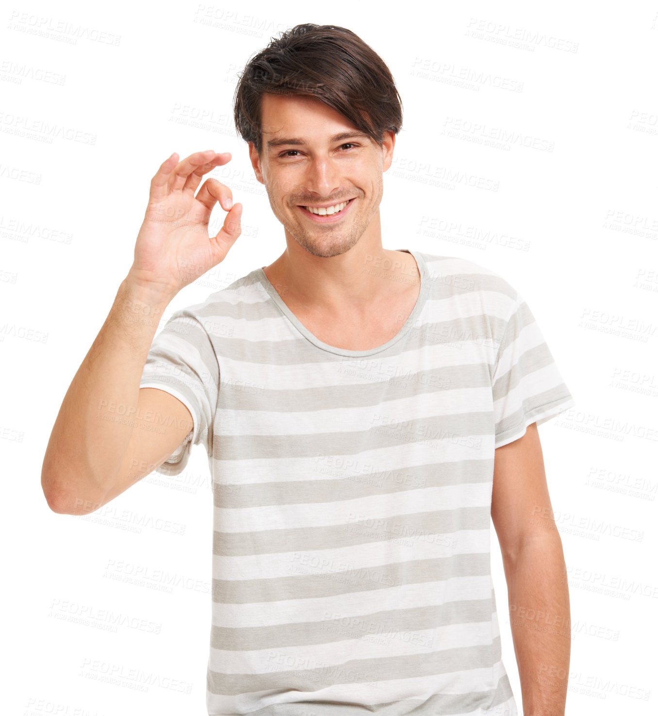 Buy stock photo Man, okay and smile portrait for advertising review marketing, good communication or promotion. Male person, ok finger and emoji hand gesture in studio for happy feedback, results or agreement sign
