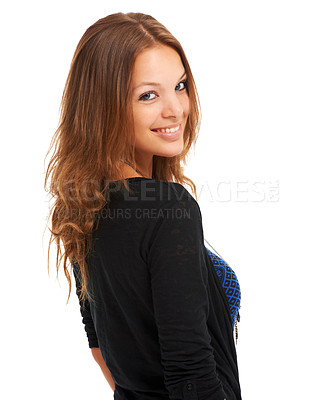 Buy stock photo Ginger model, happiness and confident in portrait with fashion aesthetic, beautiful and feminine pose. Young woman, trendy style and face with smile for creative design in studio or white background
